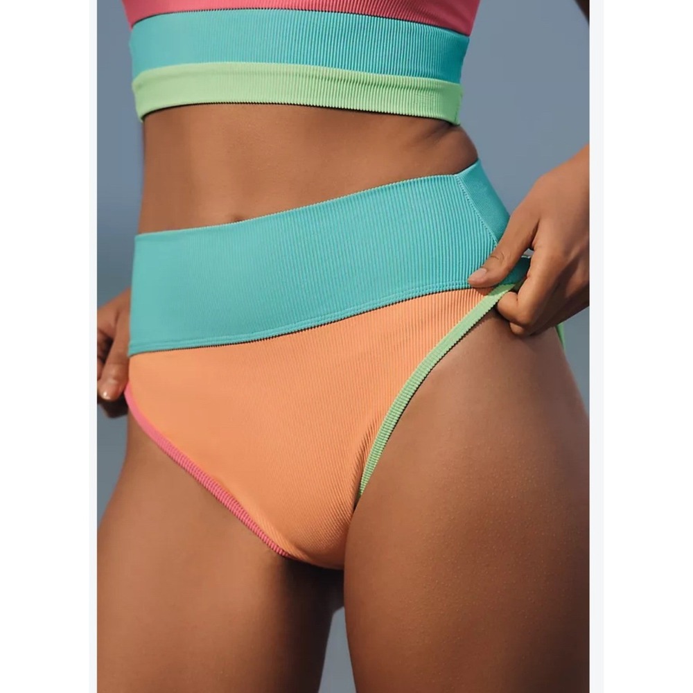 Beach Riot Emmy Bikini Bottoms Aqua Haze Ribbed High Waist Colorblock Medium